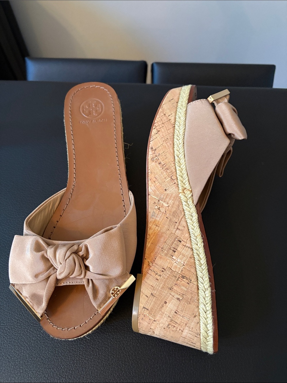 Tory Burch Beige Knot Bow Cork Wedge Slides